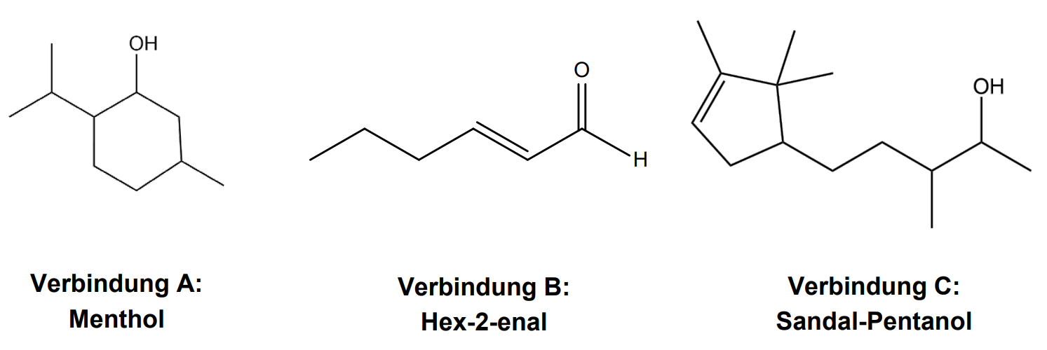Drei chemische Strukturformeln mit Beschriftungen: Menthol, Hex-2-enal und Sandal-Pentanol.